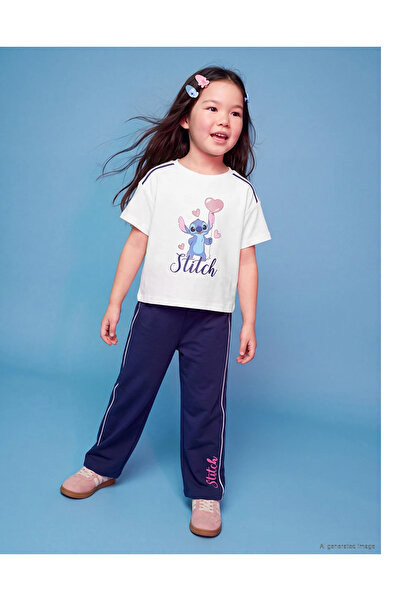 LC Waikiki Λευκό Σετ Κοριτσιών με Στάμπα Stitch