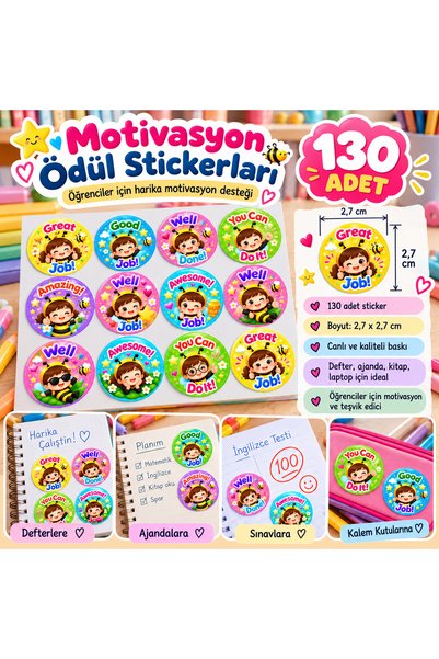 130 Adet arı temalı öğretmen etiketi | Motivasyon & Başarı Sticker – A4 Premium | 2,7 cm
