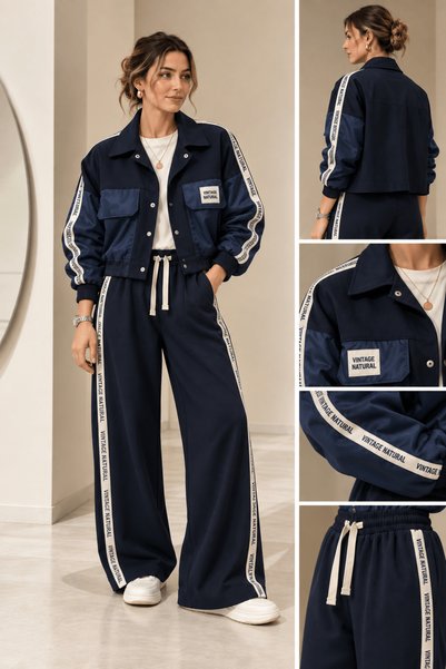Defne Silver Striped Detail Navy Blue Tracksuit Set