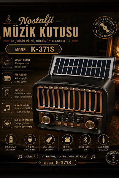 AYACO Güneş Enerjili Nostaljik Radyo Şarjlı Bluetooth Hoparlör Taşınabilir Retro Tasarım K-371S