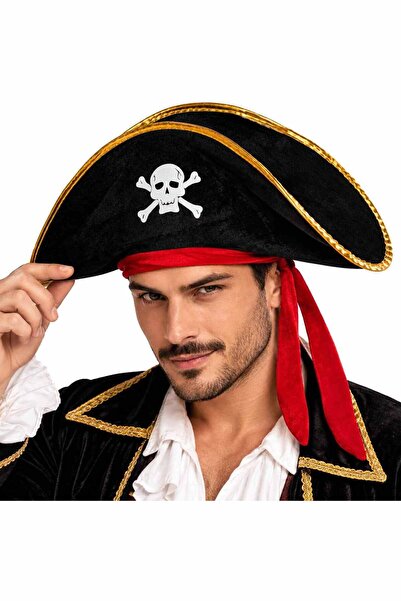 ELİSY Adult Pirate Hat Velvet – Black Gold with Skull Pattern
