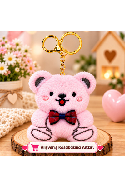 Alışveriş Kasabası Red-Black Plaid Bow Tie Teddy Bear Keychain and Bag Orname...