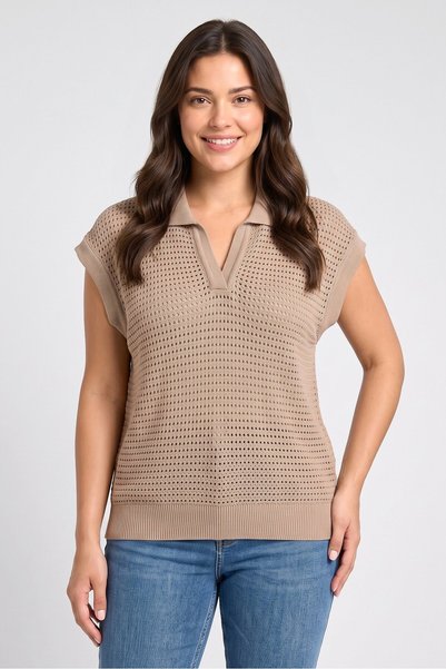 Tokyo Talkies Women Split Neck Sleeveless Eyelet Top, Tan