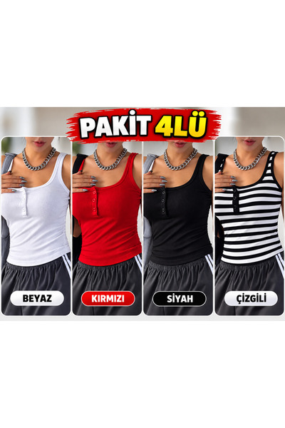 MADALİNA Kadın 4'lü Paket Düğmeli Kaşkorse Atlet, Fitilli Kumaş, U Yaka, Günl...