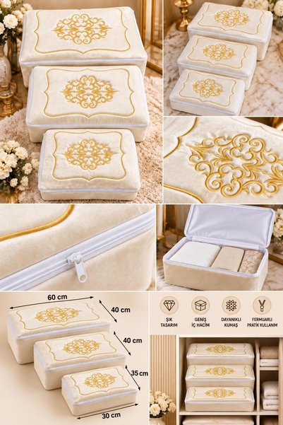 Masal Başdağ Çeyizlik Kadife Gold İşlemeli 3’lü Bohça Nişan Gelin Damat Hurcu 60x40, 40x40, 35x30