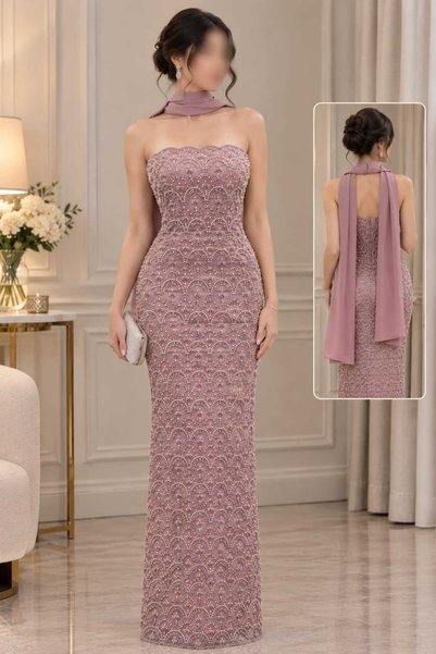 Barly Mofu Pink Pearl Beaded Evening Gown with Long Shawl Elegant Evening Dress