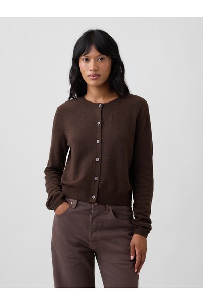 GAP Kadın Kahverengi CashSoft Crop Bisiklet Yaka Hırka