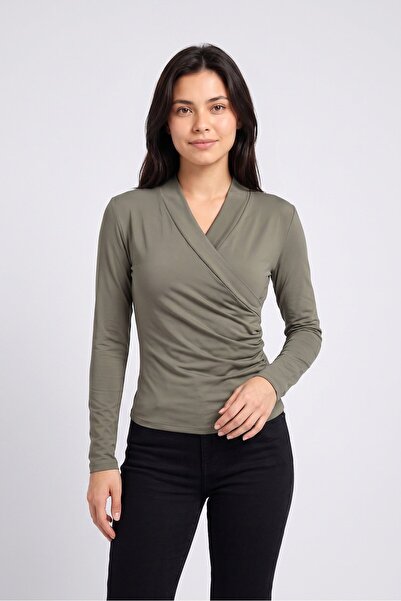 The Giving Movement Women Surplice Neck Long Sleeve Plain Top, Sage Green