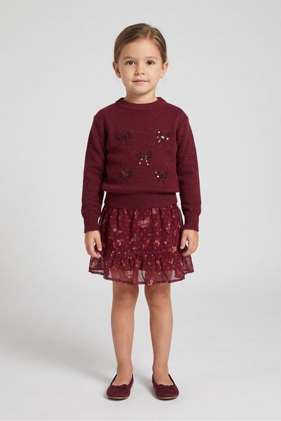 Badgley Mischka Toddlers Girl 2 Pcs Sequin Sweater And Skort Set, Maroon