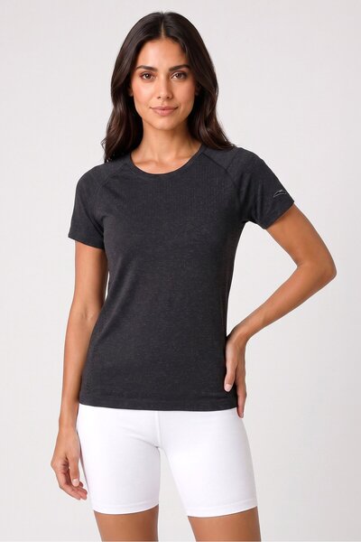 Anta Women Slim Fit Short Sleeve Running T-Shirt, Dark Grey