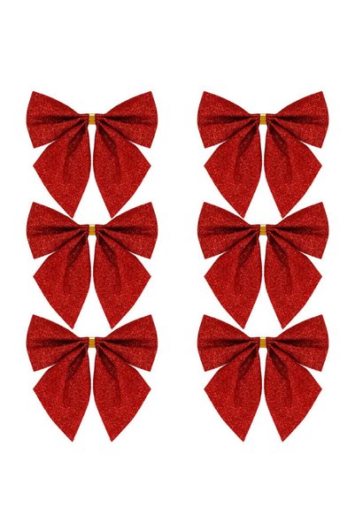 MyOfficeShop Set de 6 ornamente pentru bradul de Crăciun, fundă, 8 cm, roșu cu sclipici