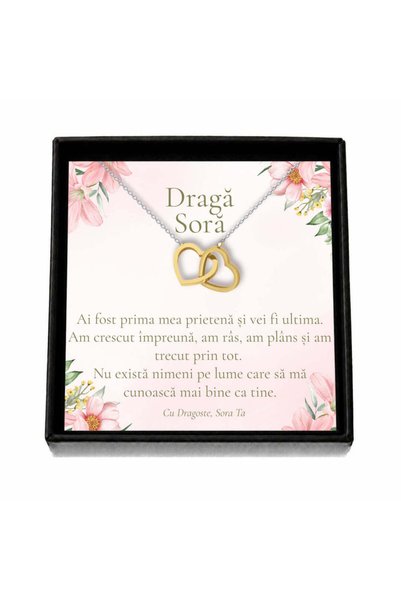 OEM Cadou pentru Soră de la Soră – Colier „Inimi Aurii”, Cutie Neagră și Card...
