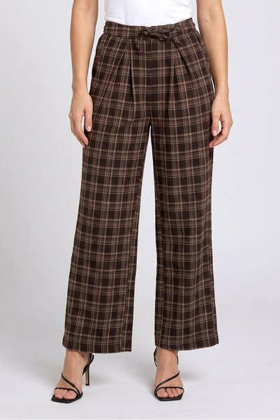 Threadbare Women Regular Fit Plaid Wide Leg Pants, Brown