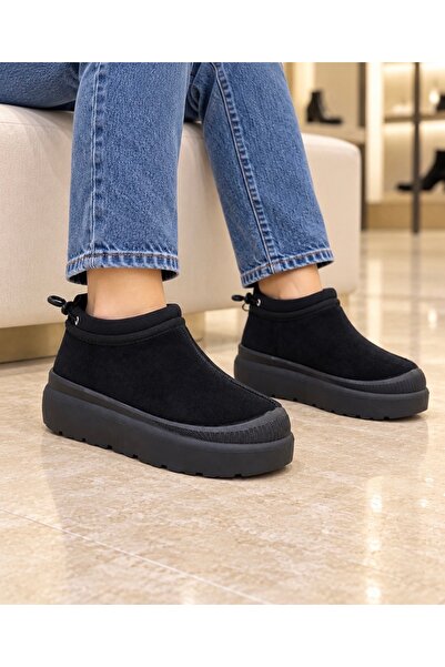 YNS STORE Yns Elastic Ankle Boots with Furry Inside, Black