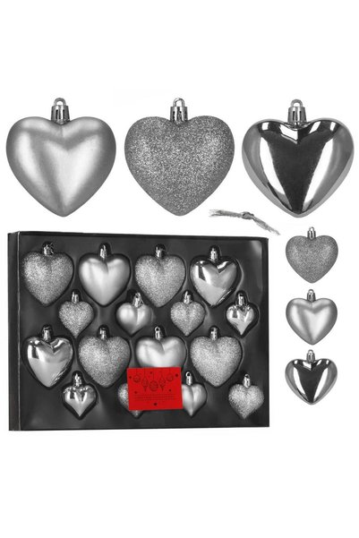 MyOfficeShop Set de globuri decorative în formă de inimă, 16 piese, din plastic, 4-7 cm, argintii