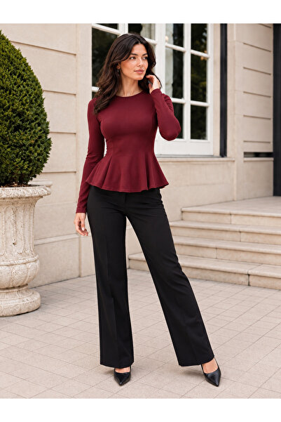 HIMMELDUF Kadın Dalgıç Kumaş Uzun Kollu Parmak Geçmeli Volanlı Peplum Bluz – ...