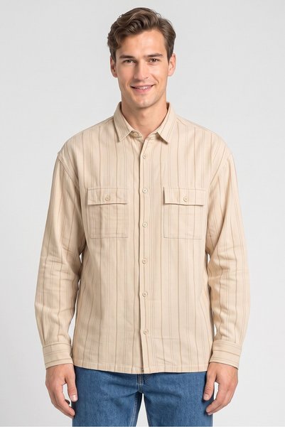COLOR HUNT Men Spread Collar Long Sleeve Stripe Shirt, Beige