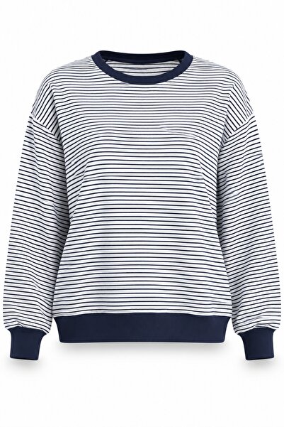 5in1Canpolat Navy Blue Oversize Striped Sweatshirt 27368