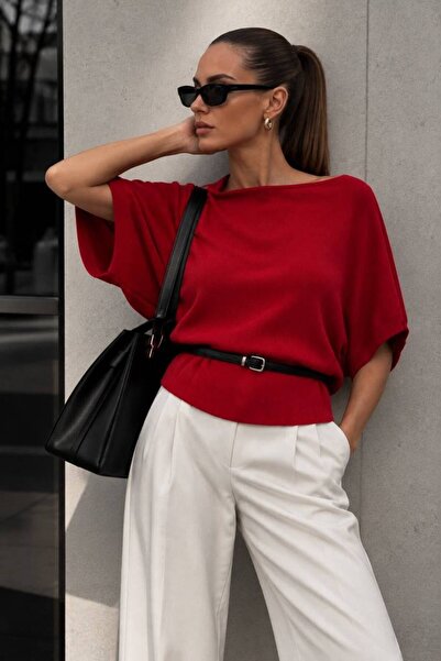 Cymora Liora Belted Knitwear Blouse – Women's Short Sleeve Round Neck Loose F...