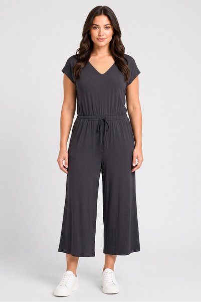 Philosophy Women V Neck Short Sleeve Solid Jumpsuit, Dark Grey