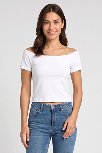 Sinsay Women Boat Neck Short Sleeve Solid Top, White