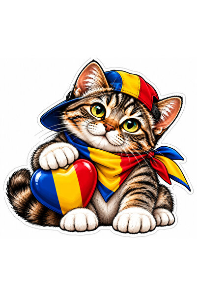 Oracal Autocolant Pisicuță România – Inimă Tricoloră și Șapcă România - 15cm