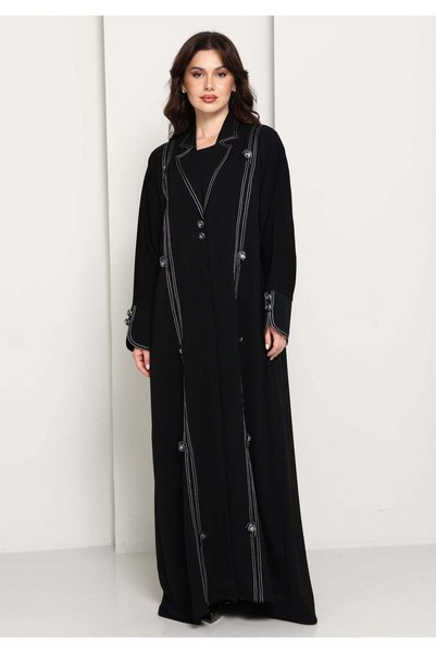 Msquare Fashion Jet Black Open Abaya with Tailored Lapel & Contrast Stitch Detailing