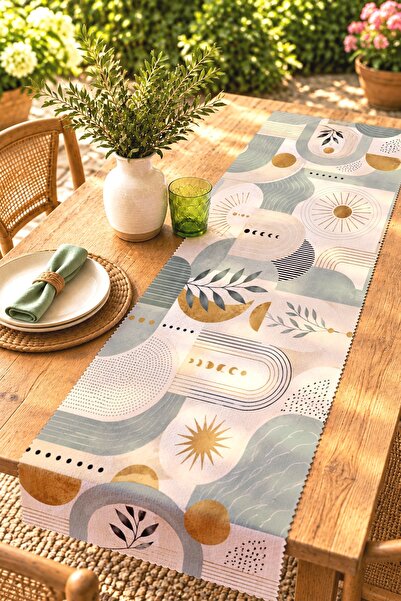 EVPANYA Soft Green Bohemian Sun and Rainbow Patterned Runner / Tablecloth / P...