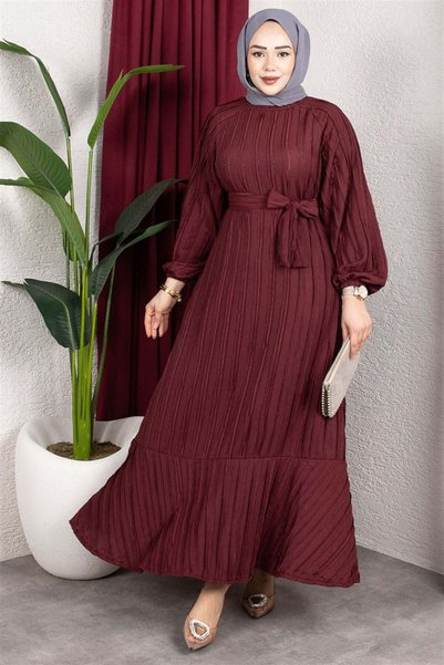 Mestore Ruffled Skirt Belted Dress Bordo