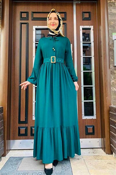 Mestore Belt Detailed Hijab Dress Emerald Green