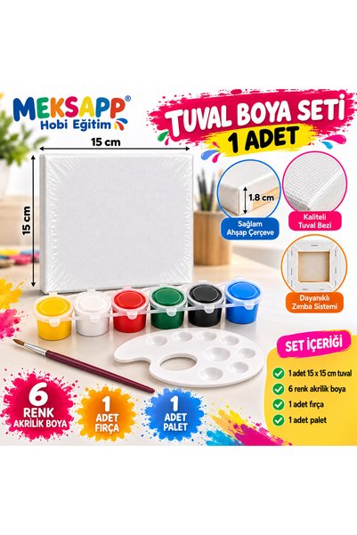 MEKSAPP 15X15 CM TUVAL BOYAMA SETİ-6 RENK AKRİLİK BOYA FIRÇA VE PALET DAHİL H...