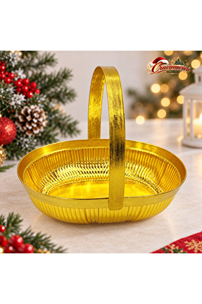Craciunescu By DBR Decorative Gold Fruit Bowl with Handle, Festive Accent -