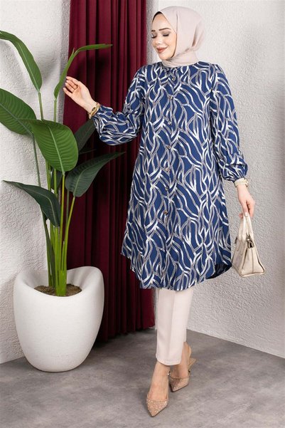 Generic Brand Patterned Buttoned Tunic Indigo
