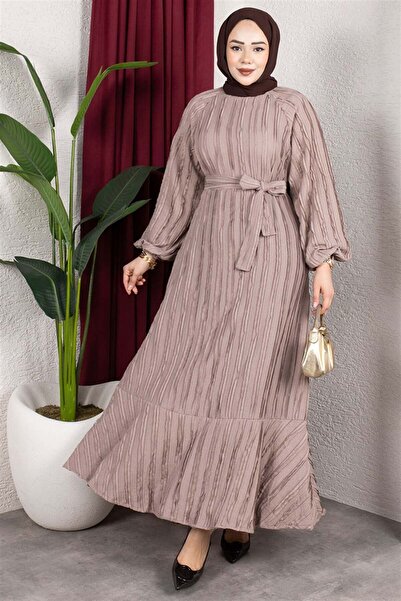Mestore Ruffled Skirt Belted Dress Vi̇zon