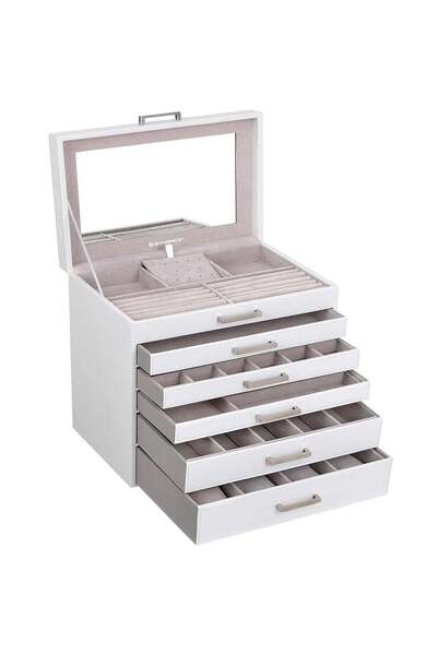 SONGMICS Cutie de bijuterii din MDF cu 6 niveluri, 5 sertare, cu oglindă 31x3...