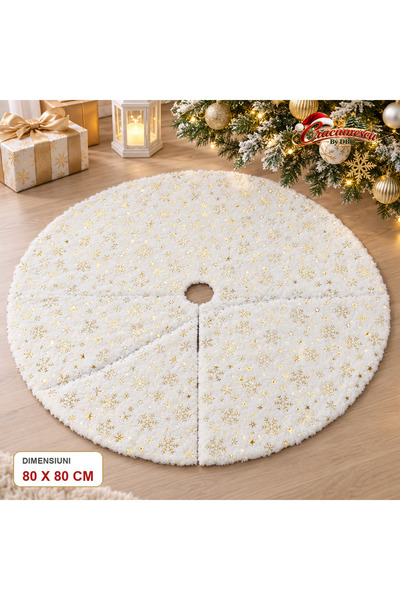 Craciunescu By DBR Covoras pentru Brad 80 x 80 cm, Alb cu Fulgi Aurii -