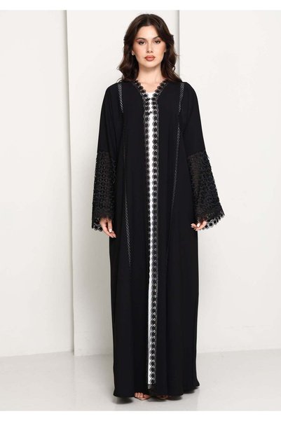 Msquare Fashion Black Open Abaya with Lace Sleeves & Front Panel