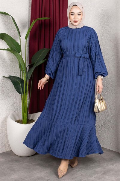 Mestore Ruffled Skirt Belted Dress Dark Blue