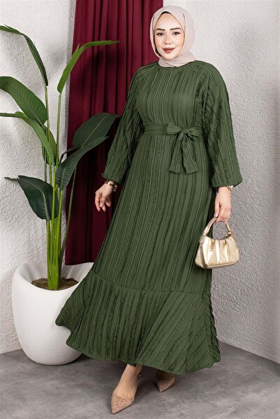 Mestore Ruffled Skirt Belted Dress Khaki