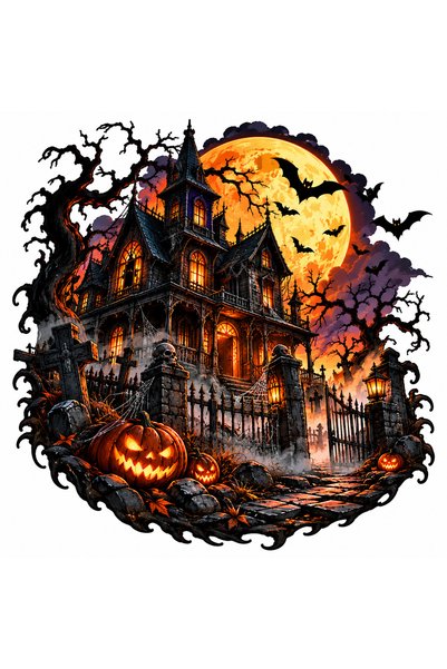 Oracal Autocolant de Halloween: Conac bântuit cu dovleci, cimitir și lună pli...