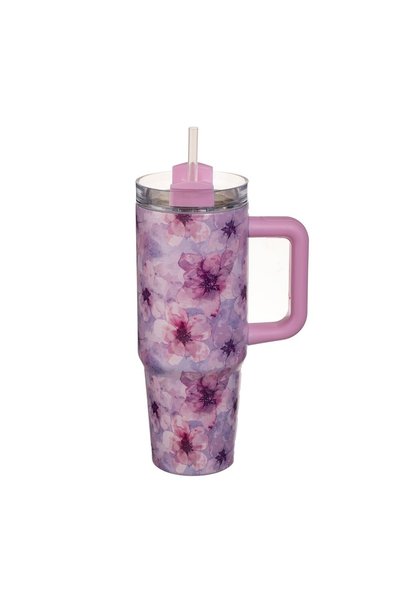OEM Cană Termos din Inox Roz cu Imprimeu Floral și Mâner 900 ml, cu Pai