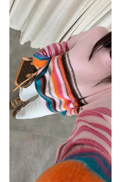 manana fashion Women's Pink Striped Wool Soft Knitwear Sweater