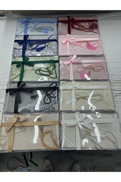 OBRNHOMEN 10 Piece Prayer Rug and Prayer Beads Set, Mixed Color Acetate Boxed, Hajj Umrah Mevlüt Gift
