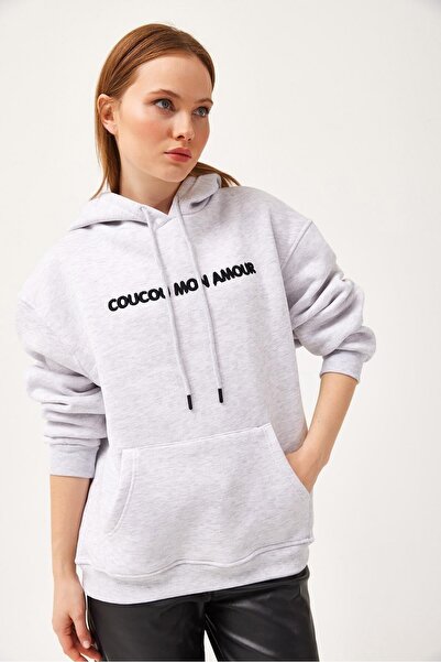 WeShaya Women's Gray Oversize Hooded Long Sleeve Sweatshirt
