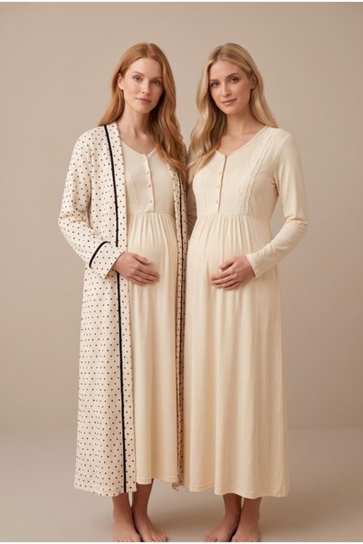 Pelin Women's Beige Polka Dot Patterned Lace Long Sleeve Maternity Nightgown ...