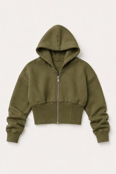 WeShaya Women's Khaki Zippered Crop Hooded Sweatshirt