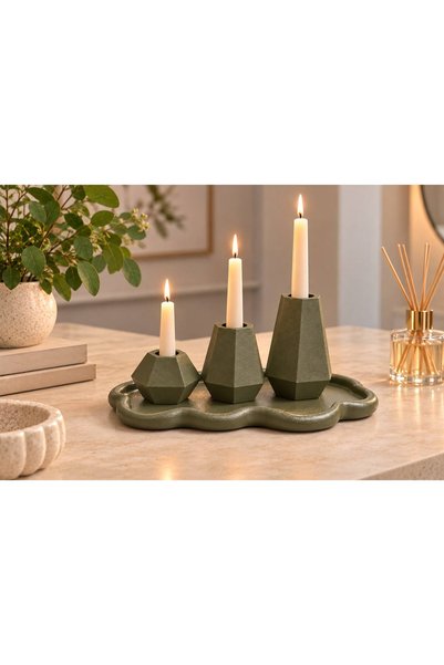 LGA COLLECTİONS 3'lü Geometrik Mumluk Seti ve Dekoratif Tepsi – Modern Minima...
