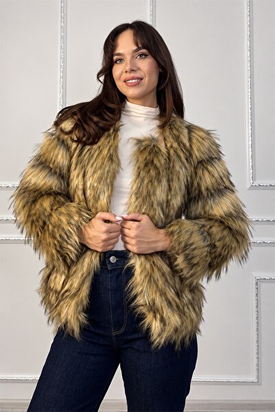 FashionForYou Geacă de damă SORELLA din blană sintetică, cu inserții din piel...