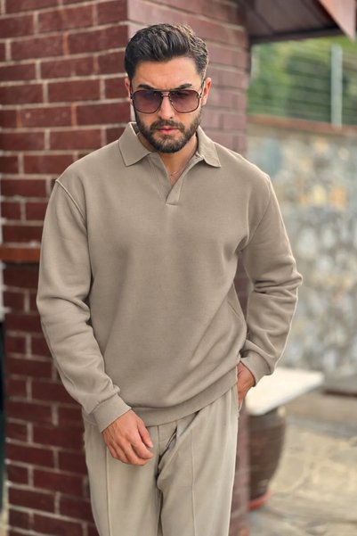 GUARAZ Erkek Polo Yakalı Pamuklu Yumuşak Kalın Kumaşlı Oversize Sweatshirt