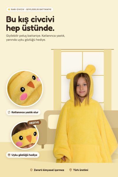 Kiddleton Çocuk Giyilebilir Battaniye Peluş Kapüşonlu Panço Yastığa Dönüşen U...